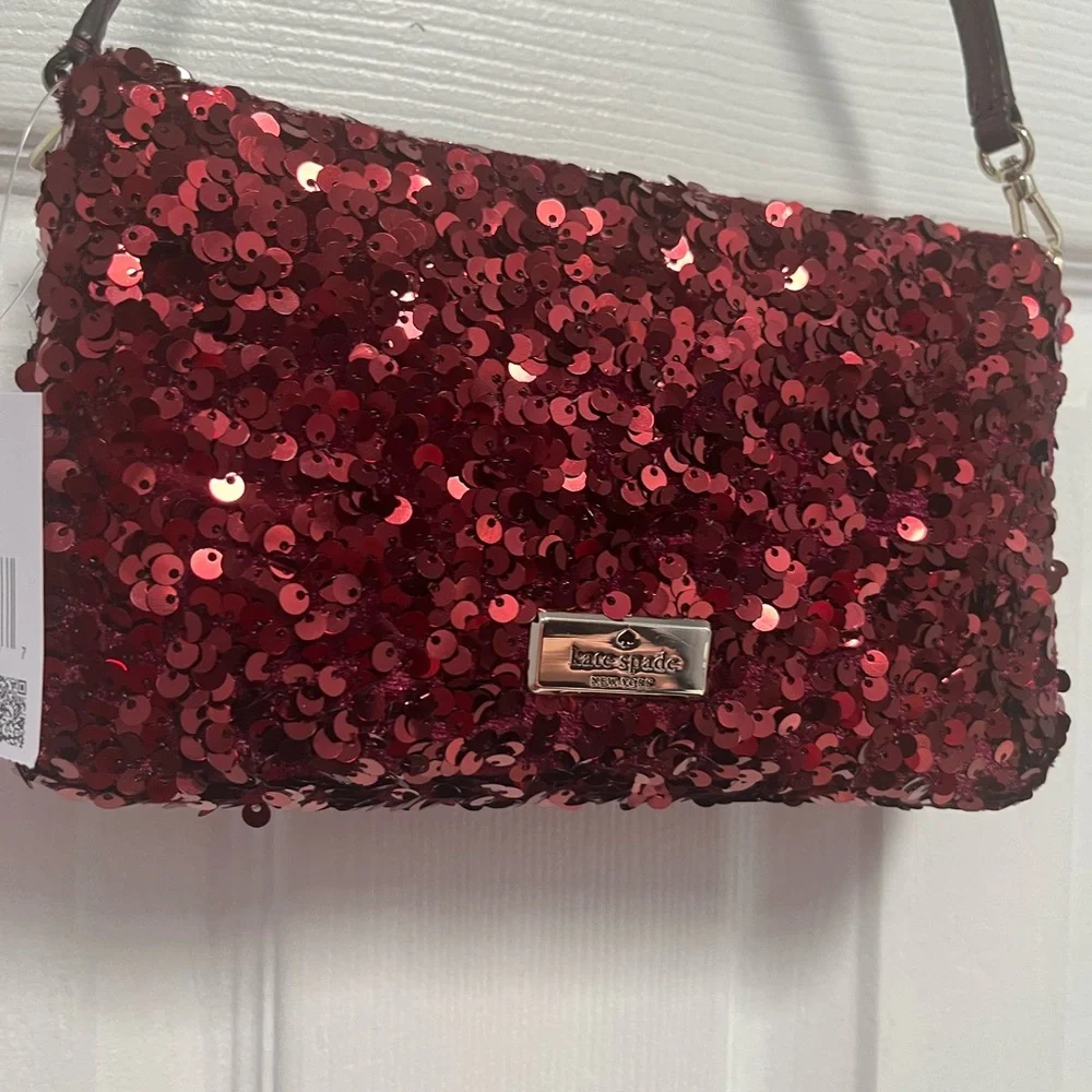 Kate Spade NY Kiki Sequin Fabric Convertible Bag Purse Wristlet Deep Berry New - Picture 3 of 16
